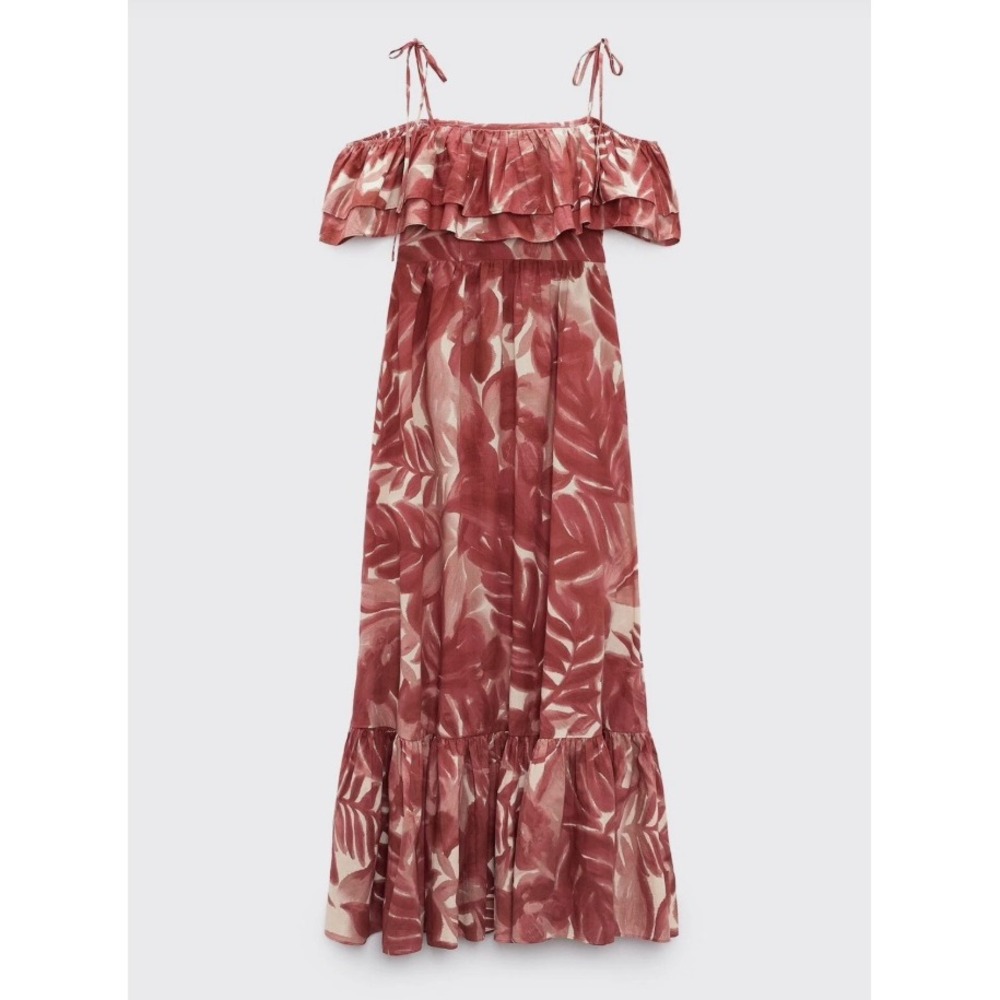 Zara Maxi Dress Floral Tropical Vacation‎ Ruffle Tiered Pink Red Cream Size M